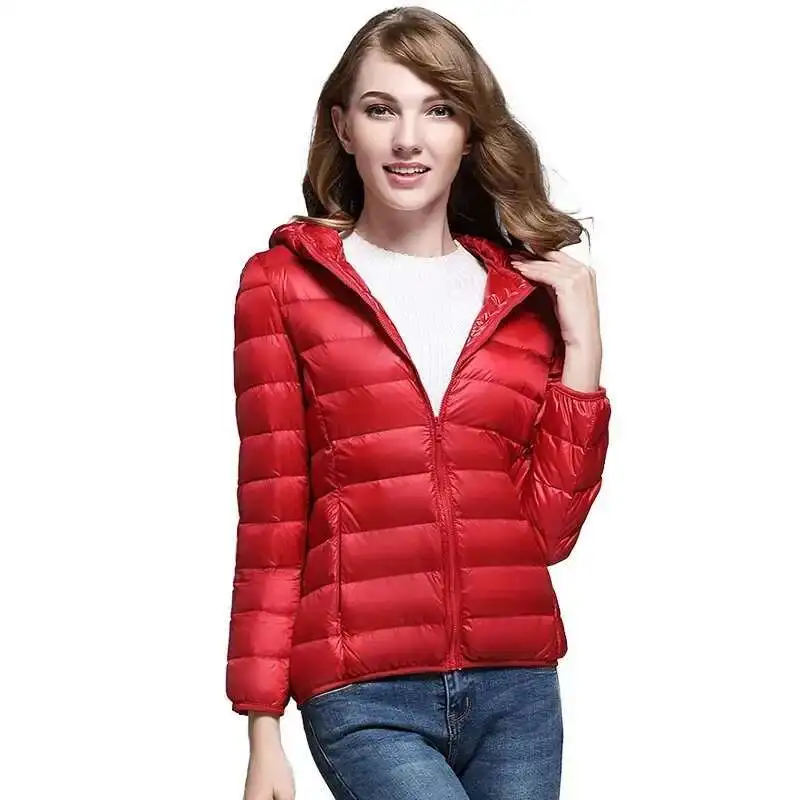 Piumini invernali con cappuccio leggeri da donna rossi, rosso blu kaki verde disponibile, taglia europea S-XXL, cappotti da donna