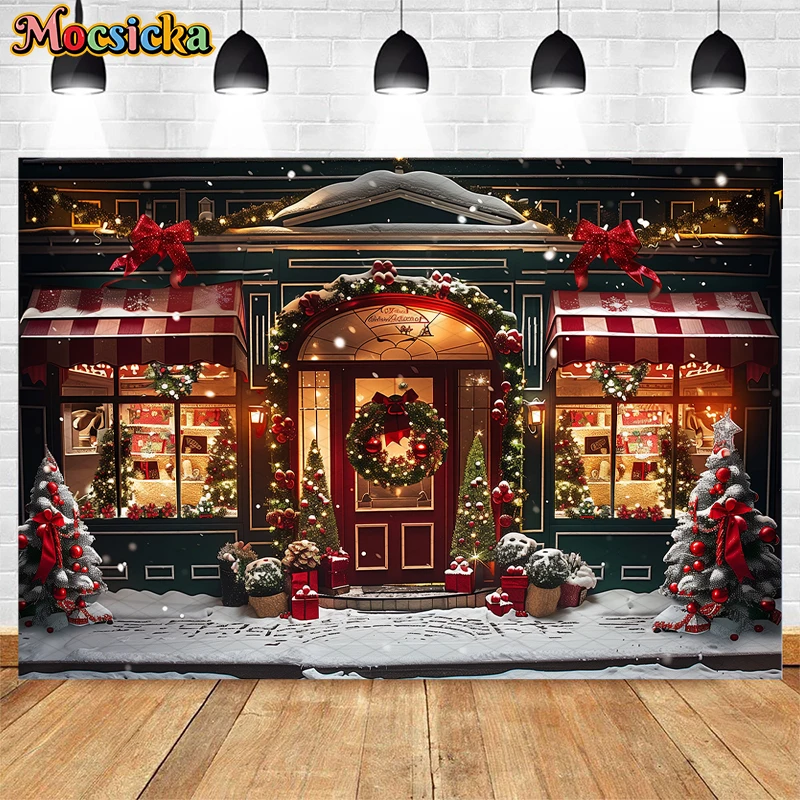 Mocsicka Christmas Store Front Backdrops Kids Adult Photography Child Adult Photocall Xmas Trees Snowy Street Backgrounds