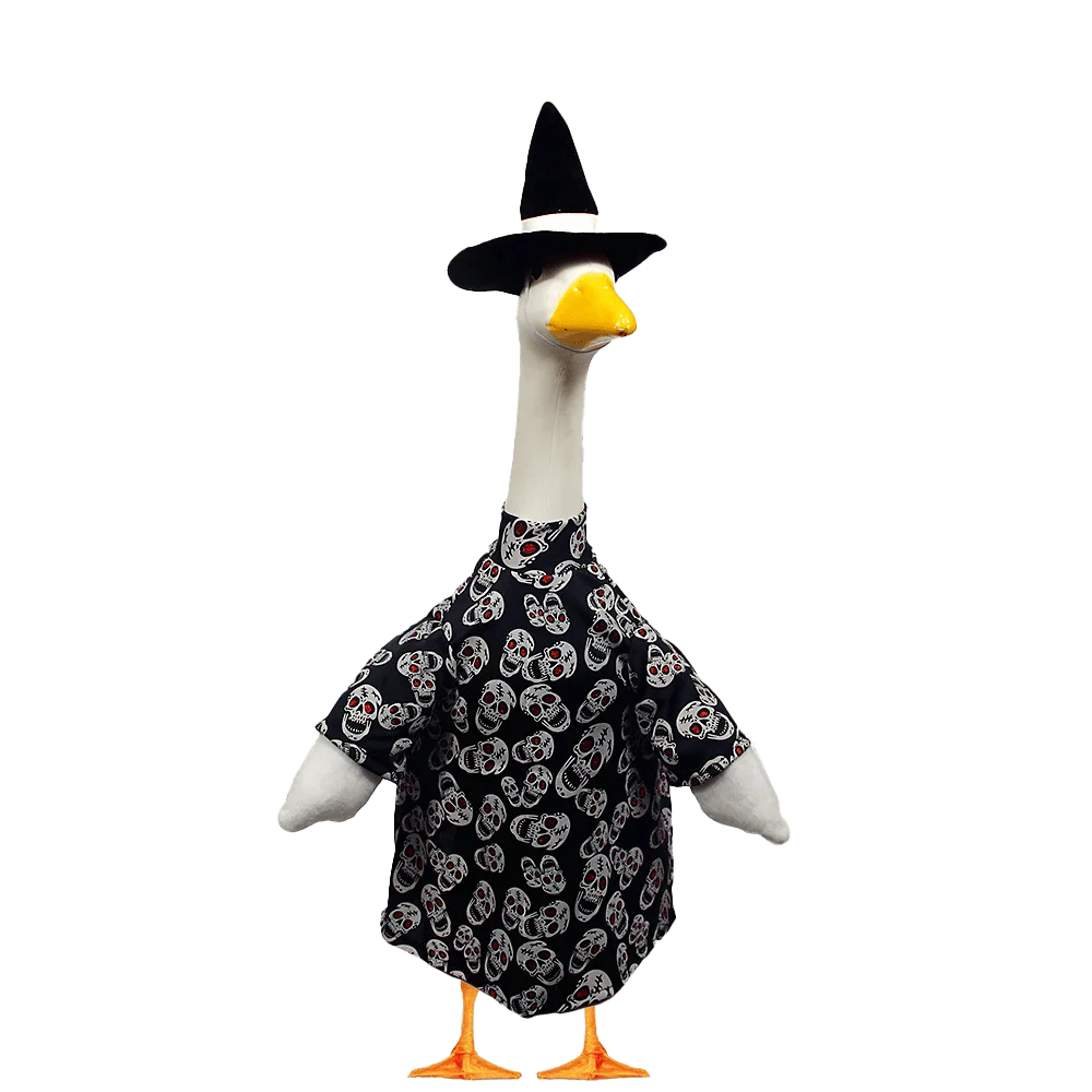 Porch Goose Outfit, Halloween Red-eyed Skeleton Shirt Witch Hat, Lawn Goose Clothing Suitable for 23in Cement/ Plastic Goose Statue, Outdoor Yard Decor view 3
