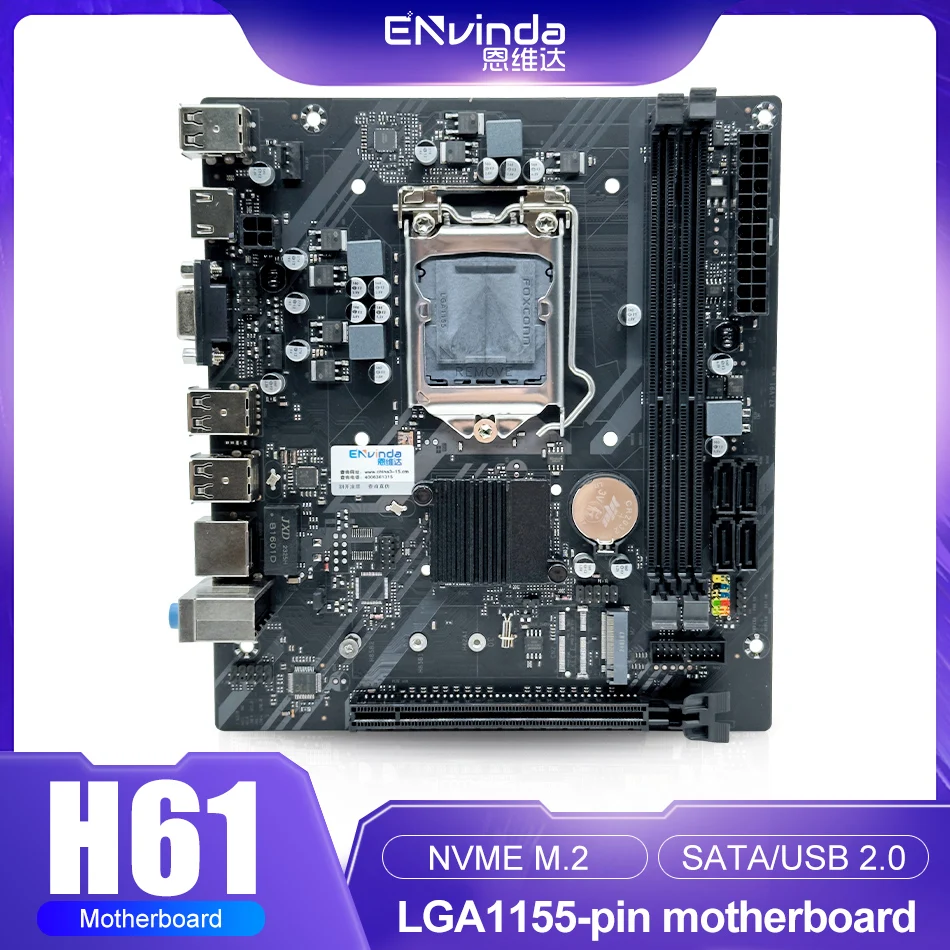 ENVINDA 마더보드 LGA 1155 키트, 인텔 코어 CPU 2 세대 및 3 세대와 호환, M.2 NVME SDD 지원, H61