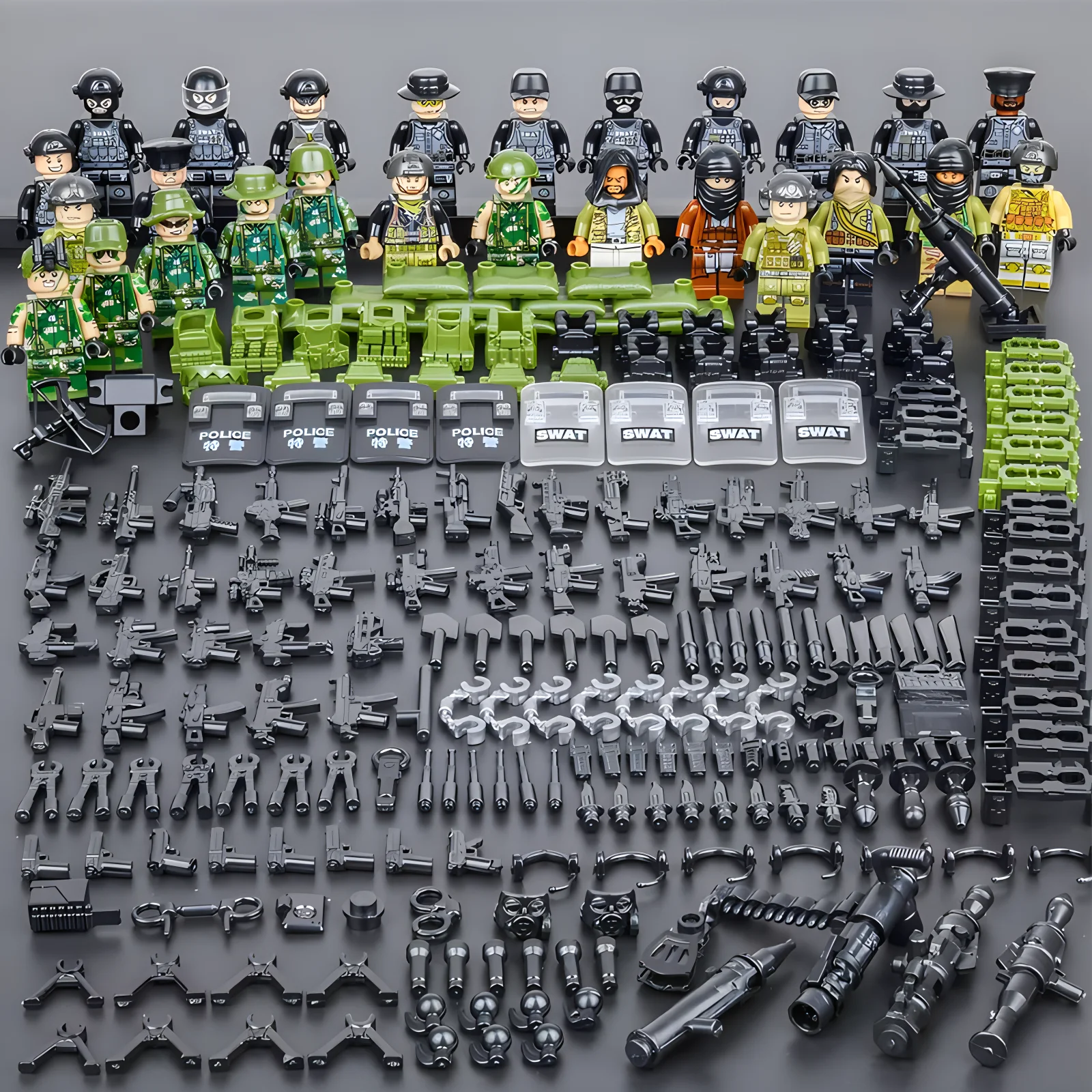 

Military Gangster Special Forces Police SWAT Commandos Weapons Guns Jeeps Armored Vehicle Car Model Soldier Building Block Toys