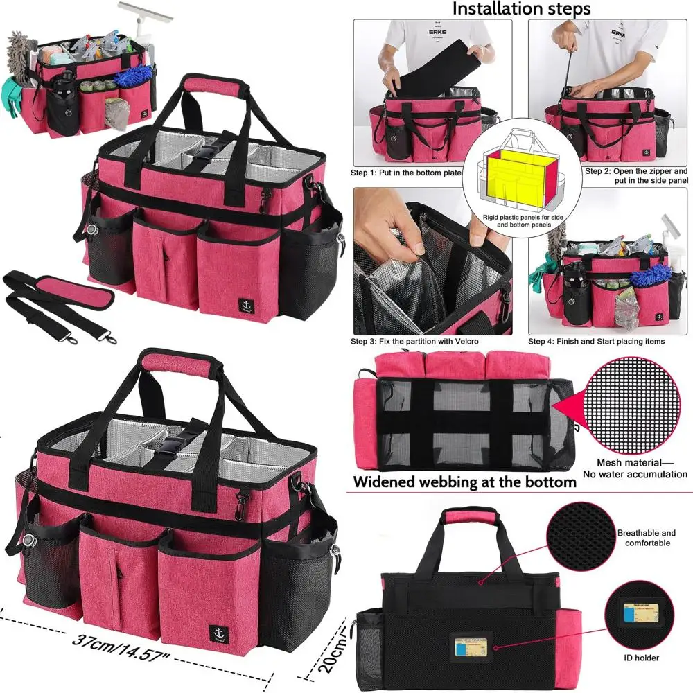 

Pink Durable Cleaning Caddy Bag with Support Board, Detachable Dividers, Adjustable Straps for Housekeeping Supplies