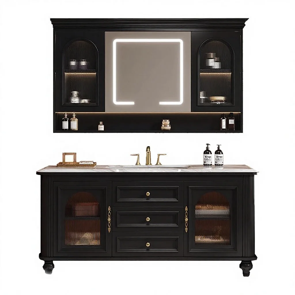 xx-Modern Solid Wood Bathroom Cabinet Set with Ceramic Basin Copper Drainer Mirror Sink Faucet for Hall & Bedroom Dining&