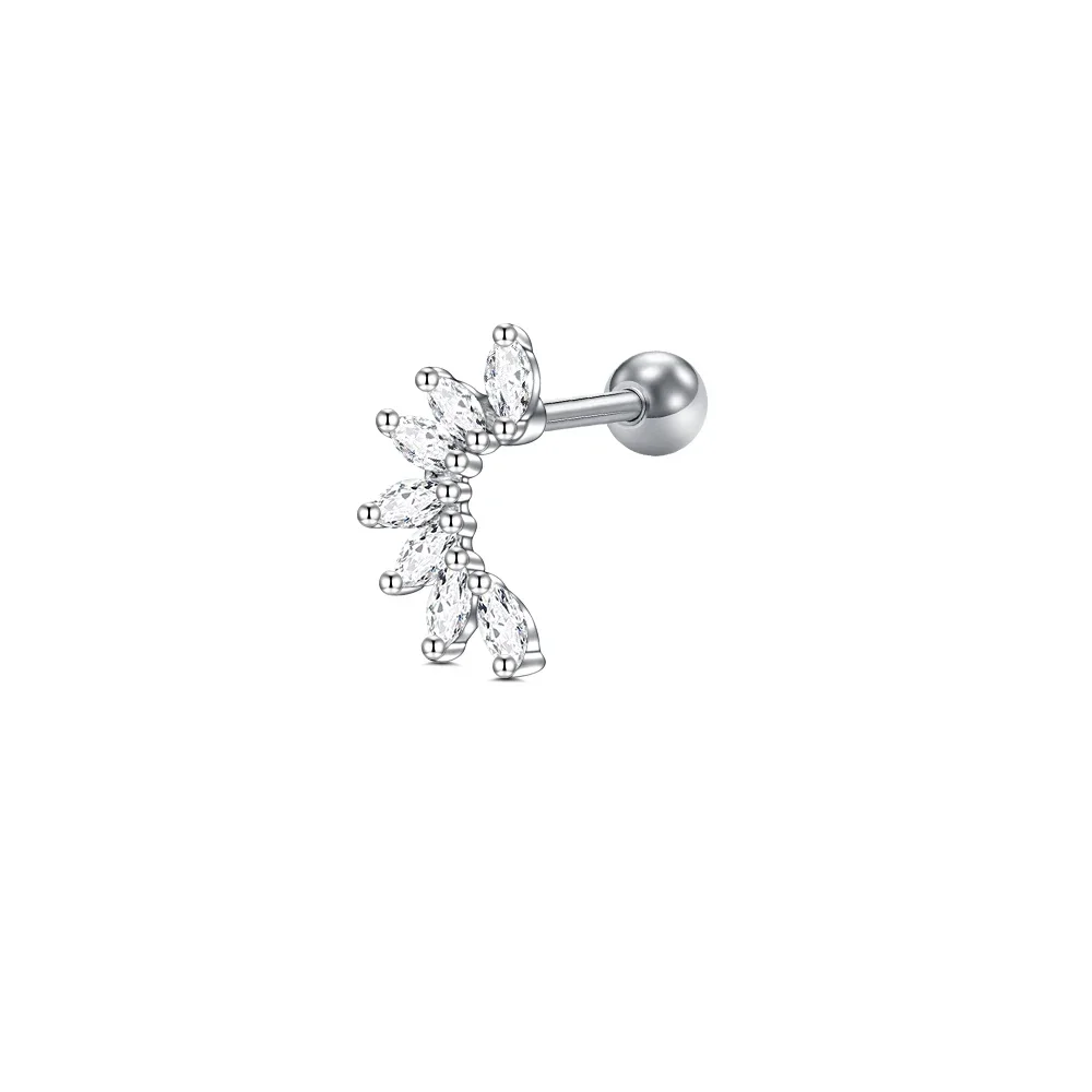 Silver Curved Marquise CZ Cartilage Stud Earring, Fan‑Shape Clear Zircon Screw Ball Helix Piercing Jewelry, Multi‑Crystal Barbell Stud for Women Daily Gift