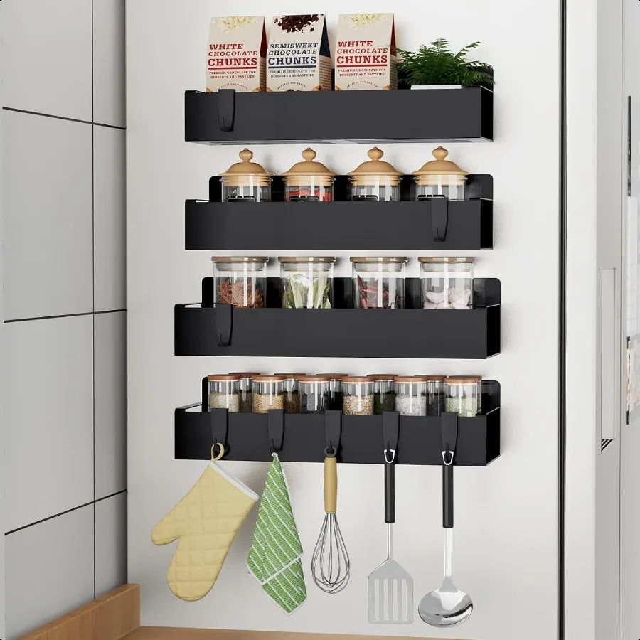 

Magnetic Spice Rack for Refrigerator Fridge Organizer for Kitchen Organization and Storage 4 Pack Black Metal Shelf with 8 Move