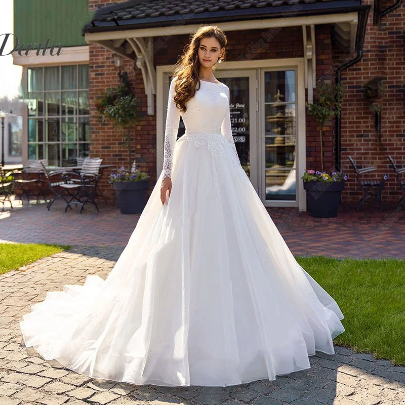 

Princess Wedding Dresses Long Sleeves Appliques Bridal Gowns Satin Zipper A Line Vestidos De Noiva Mariage Civil Custom Made