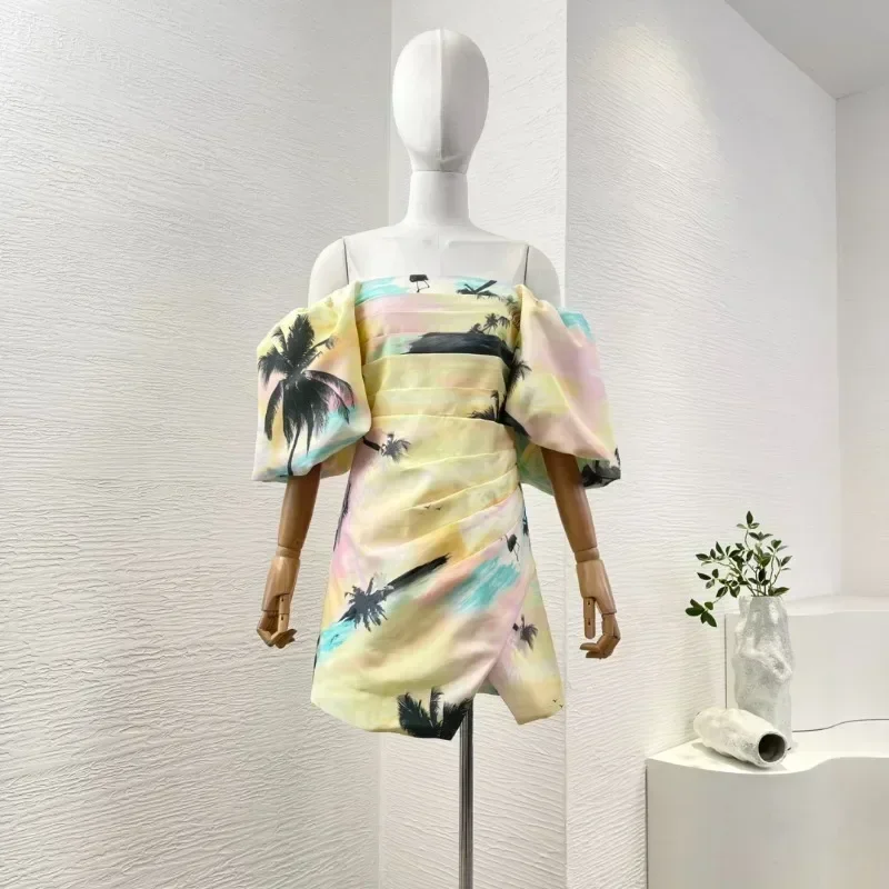 Women's Yellow Short Sleeve High Quality Arrivalscoconut Palm Sunset Print Off The Shoulder Mini Dresses for Party