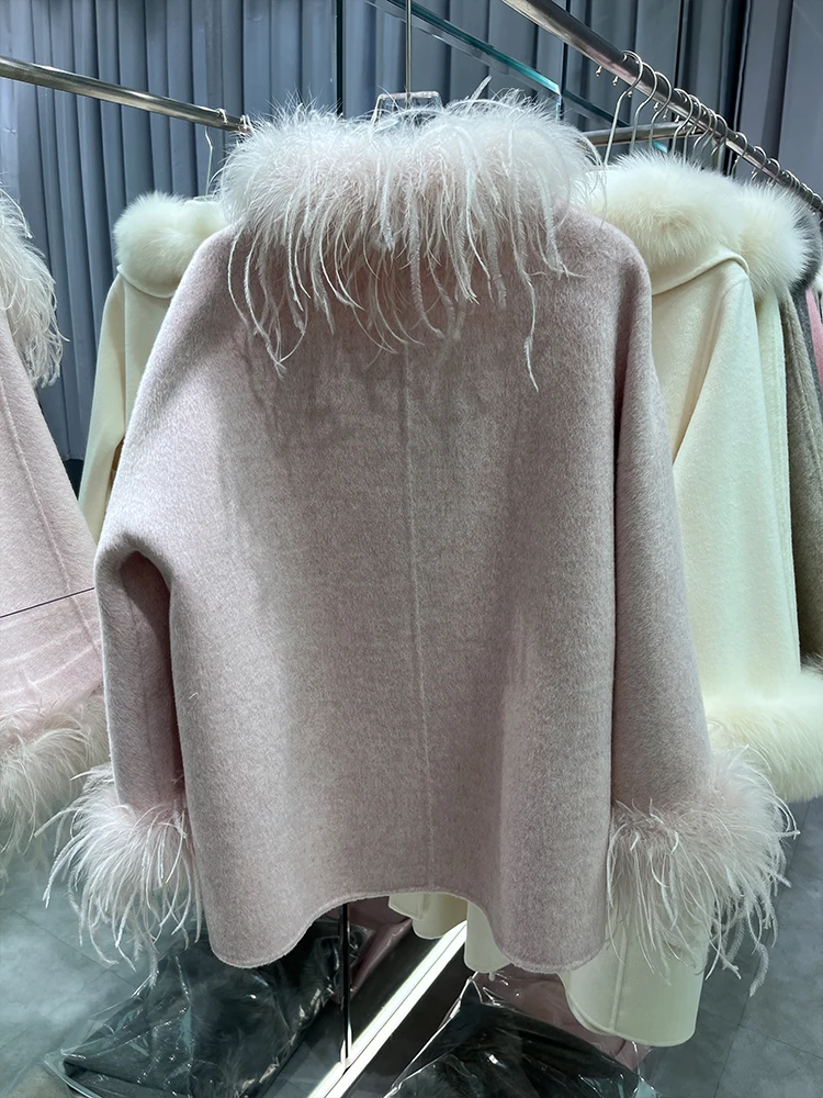 New Winter Real Natural Ostrich Feather Cuff Collar Coat Ladies Outwear Female Coat Cashmere Wool Woolen Women Luxury Jacket