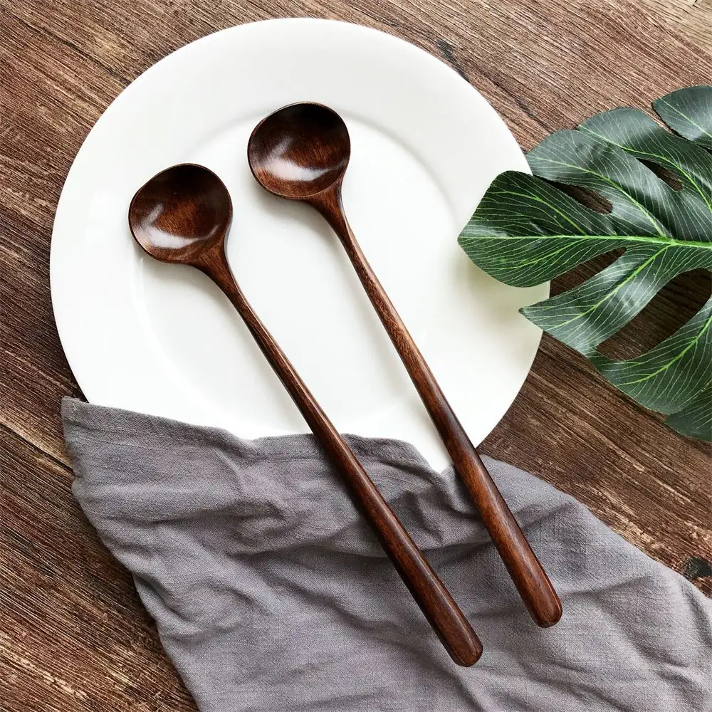 Household Dessert Porridge Natural Solid Wood Long Handle Wooden Spoon Tableware Soup Scoops Tea Spoons