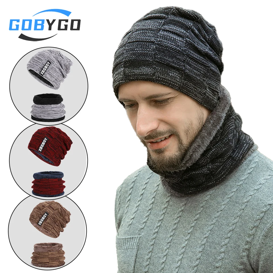GOBYGO Topi Musim Dingin Set Syal Topi Pullover Penyimpanan Panas Pelestarian Kehangatan Topi Wol Tebal Bulu Domba Topi Rajut Pria Wanita