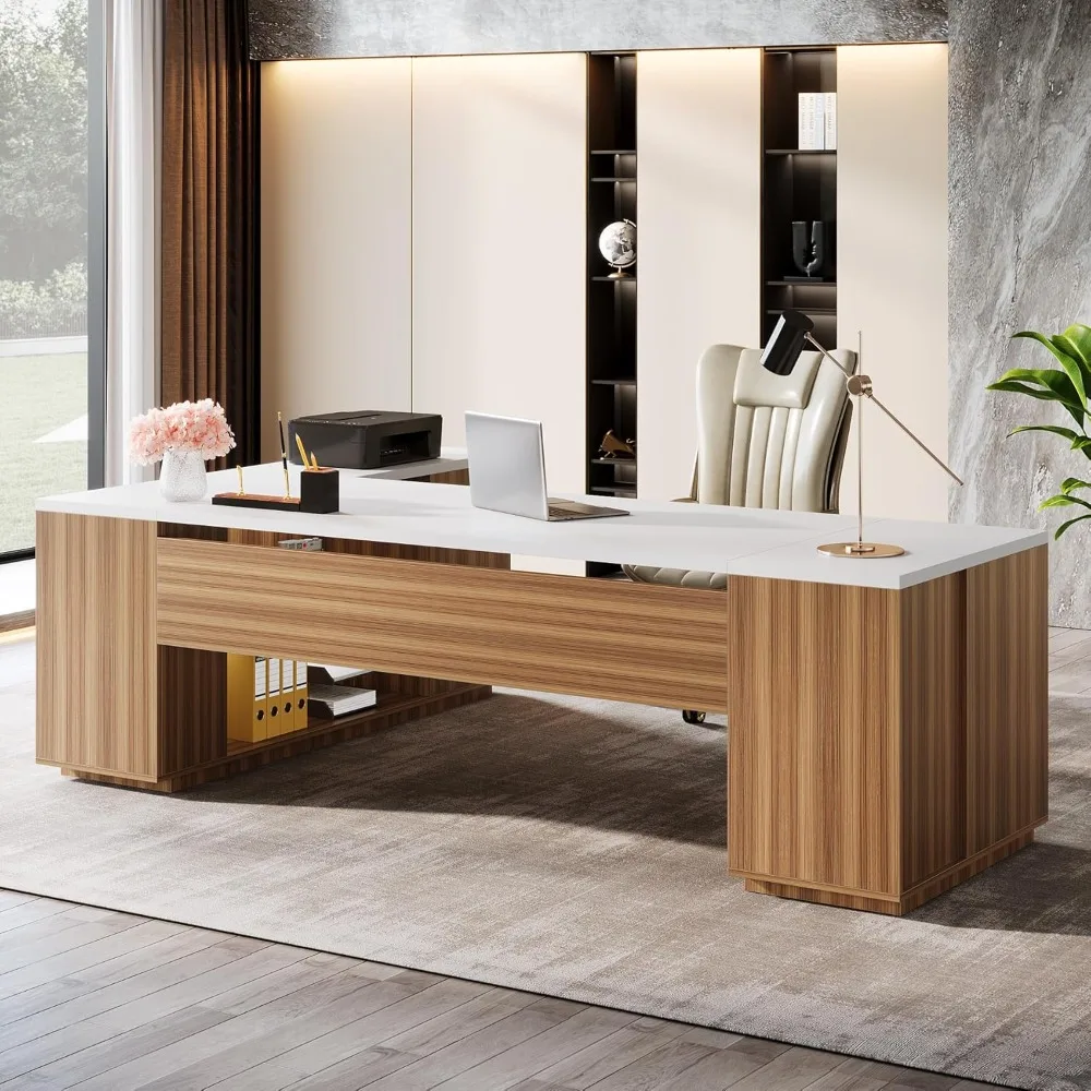 Mesa executiva em forma de L de 85,8 polegadas com gavetas, armário de porta e prateleiras, mesa de escritório comercial extra grande,