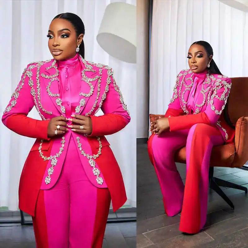 

Fashion Crystals Mother Of The Bride Suits Long Sleeve Jacket Blazers 2 Pieces Birthday Party Customized Wear