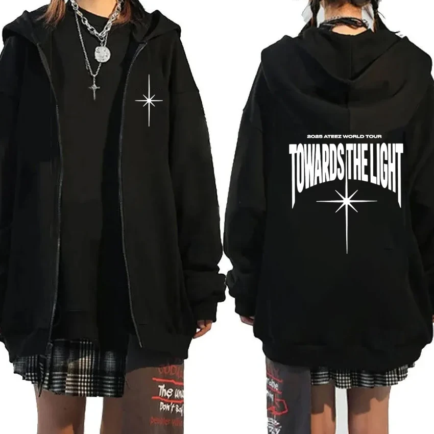 

2025 Ateez World Tour Double Sided Printed Towards The Light Zipper Hoodies Fleece jacket Men Women vintage Unisex Sweatshirts