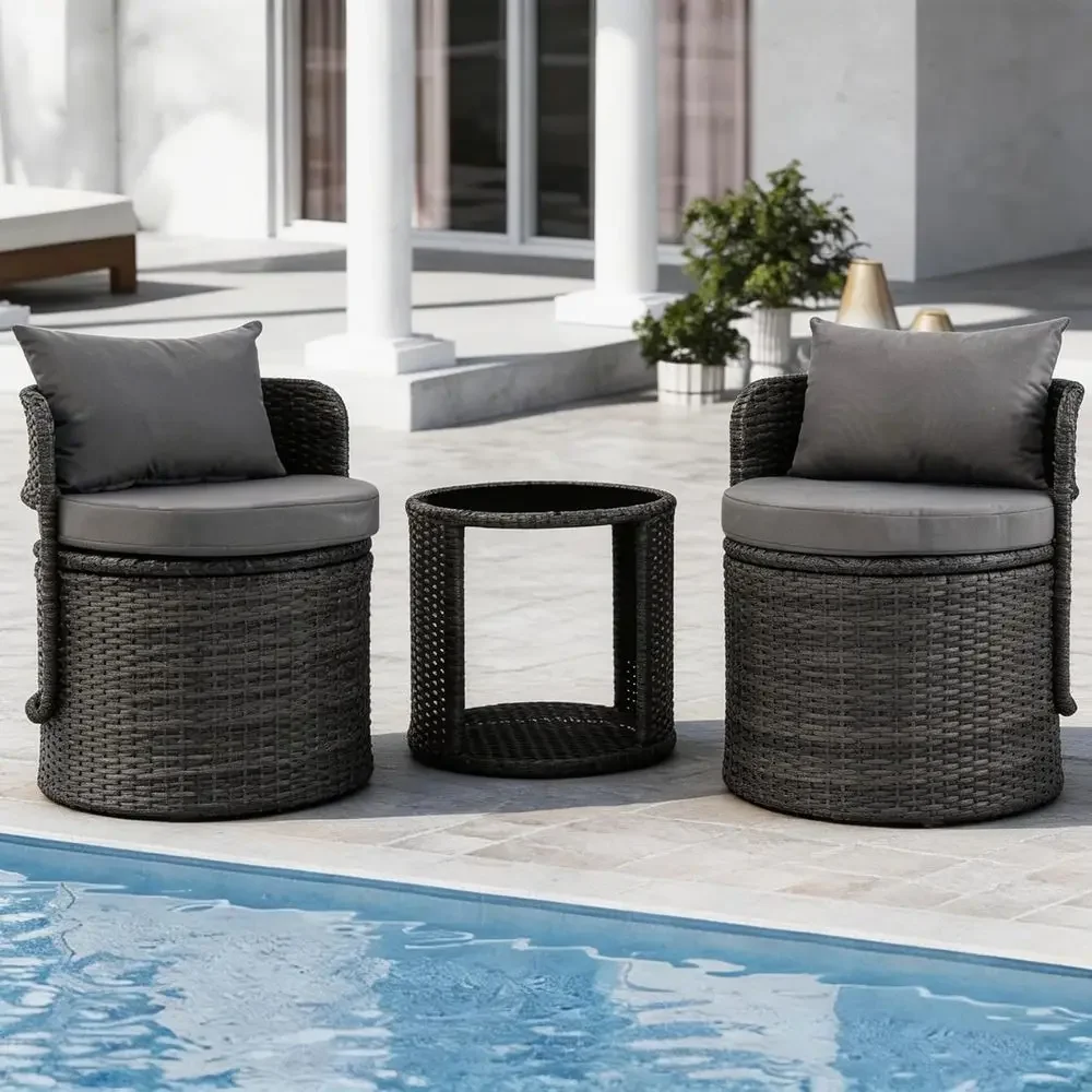 Grey Outdoor 3-Piece Patio Bistro Set with Storage and Wicker Chairs
