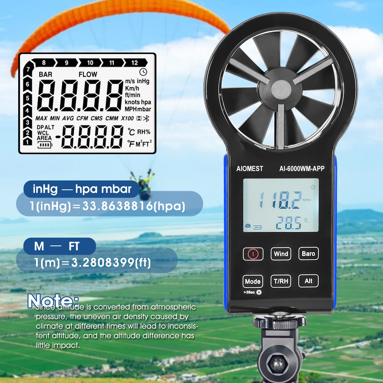 Handheld Wind Speed Meter Bluetooth Anemometer with Atmospheric Pressure, Temperature, RH, Dew Point, and Wind Chill Measure
