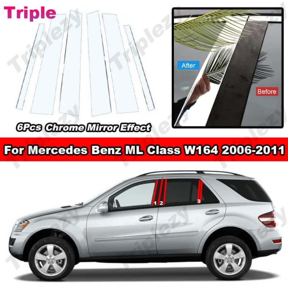 Chrome Carbon Black Car Door Window Center Middle Column BC Pillar Post Cover Mirror Effect Trim For Mercedes Benz ML Class W164