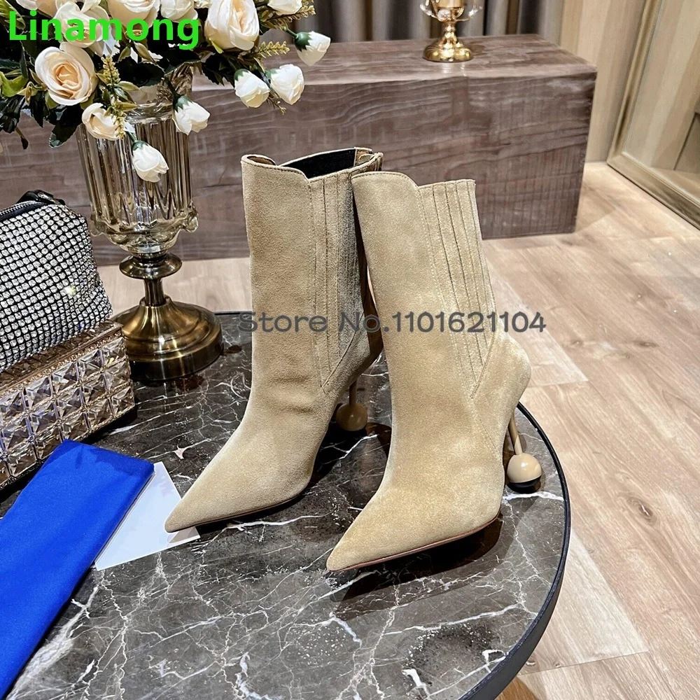 Pointed Toe Strange Ball Heel Boots For Female Women 2024 Winter New Ankle High Frosted Leather Back Zip Solid Elegant Shoes image 5