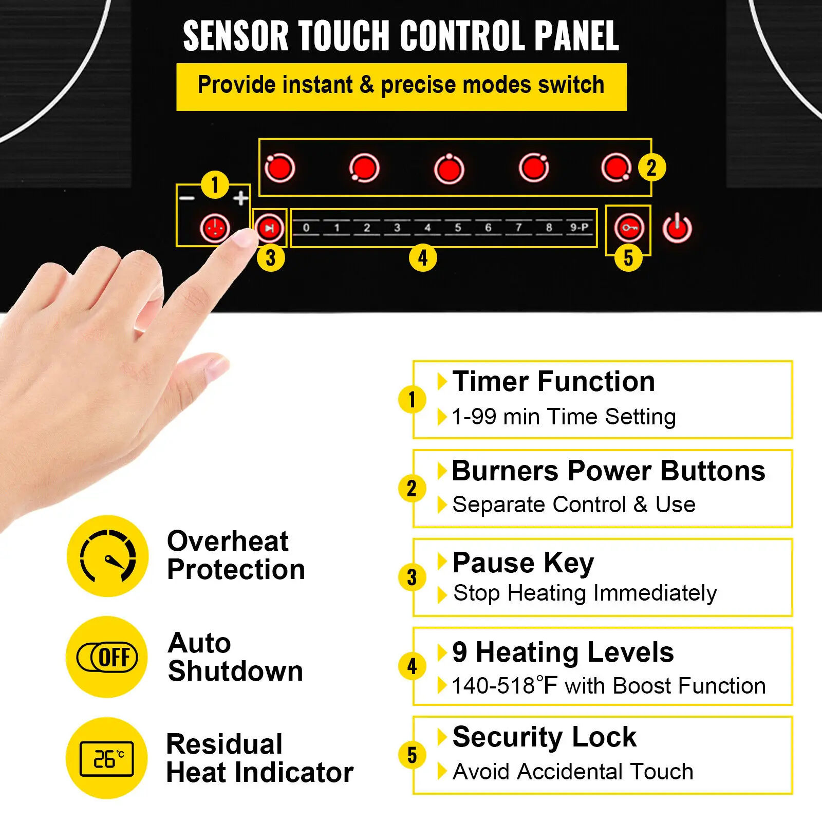 VEVOR-Plaque de cuisson magnétique à commande tactile, plaque chauffante électrique, plaque de cuisson à induction, cuisinière à capteur intégré, 2 brûleurs, 4/5 brûleurs