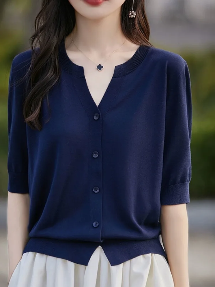 

Loose Knitted Ice Silk ort Sve T-irt Women's Faionable V-Ne Open Cardigan Outerwear Breathable Summer Top