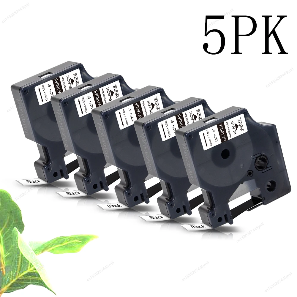 2/5PK 18051 Cinta Termoencogible para Impresora de Etiquetas Dymo Rhino 4200 5000 5200 18053 18055 18057 1805443 Etiqueta Negra sobre Blanca