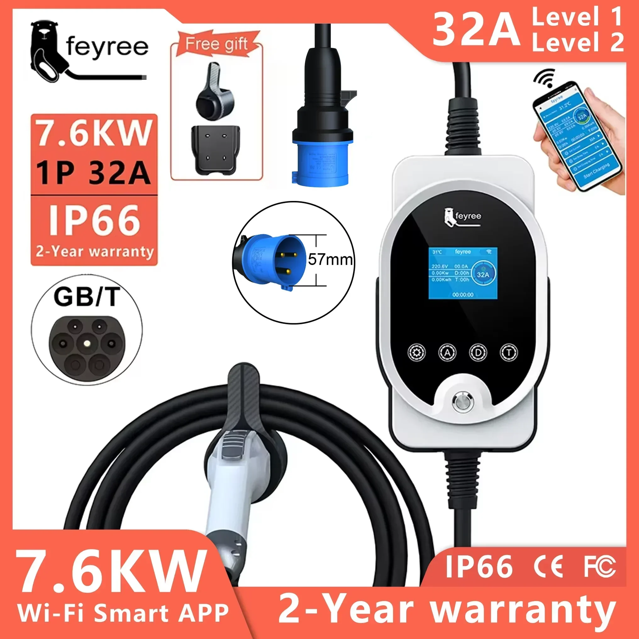 feyree EV Charger GBT Socket 7KW 32A Adjustable APP Bluetooth Version Set Charging Time EVSE Charging Box for Electric Vehicle