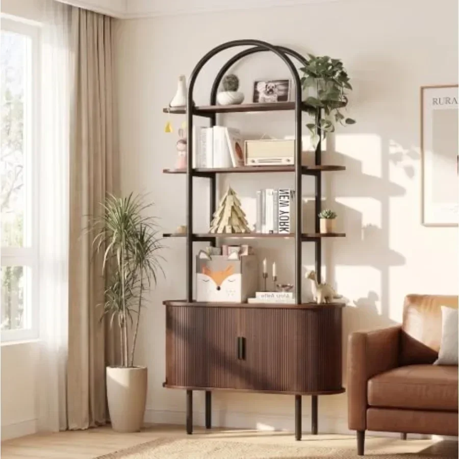 71 Tall Arched Bookshelf with Sliding Tambour Doors for living room, wood, walnut, space-saving and elegant design