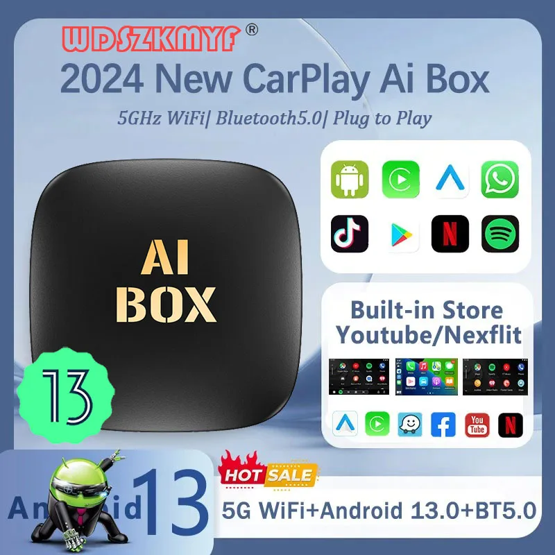 New TV Box Android 13 Wired To Wireless CarPlay Android Auto Dongle 5G WiFi Bulit in Google Store Youtube Nexflit Smart Ai Box