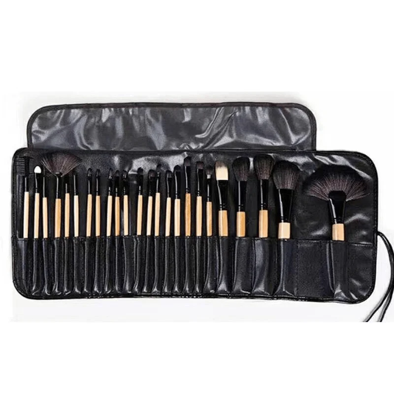 24pcs Female Professional Makeup Sets Cosmetics Brushes With Leather Bag Lip Brush Eye Shadow Brush Makeup Tools - Unscented