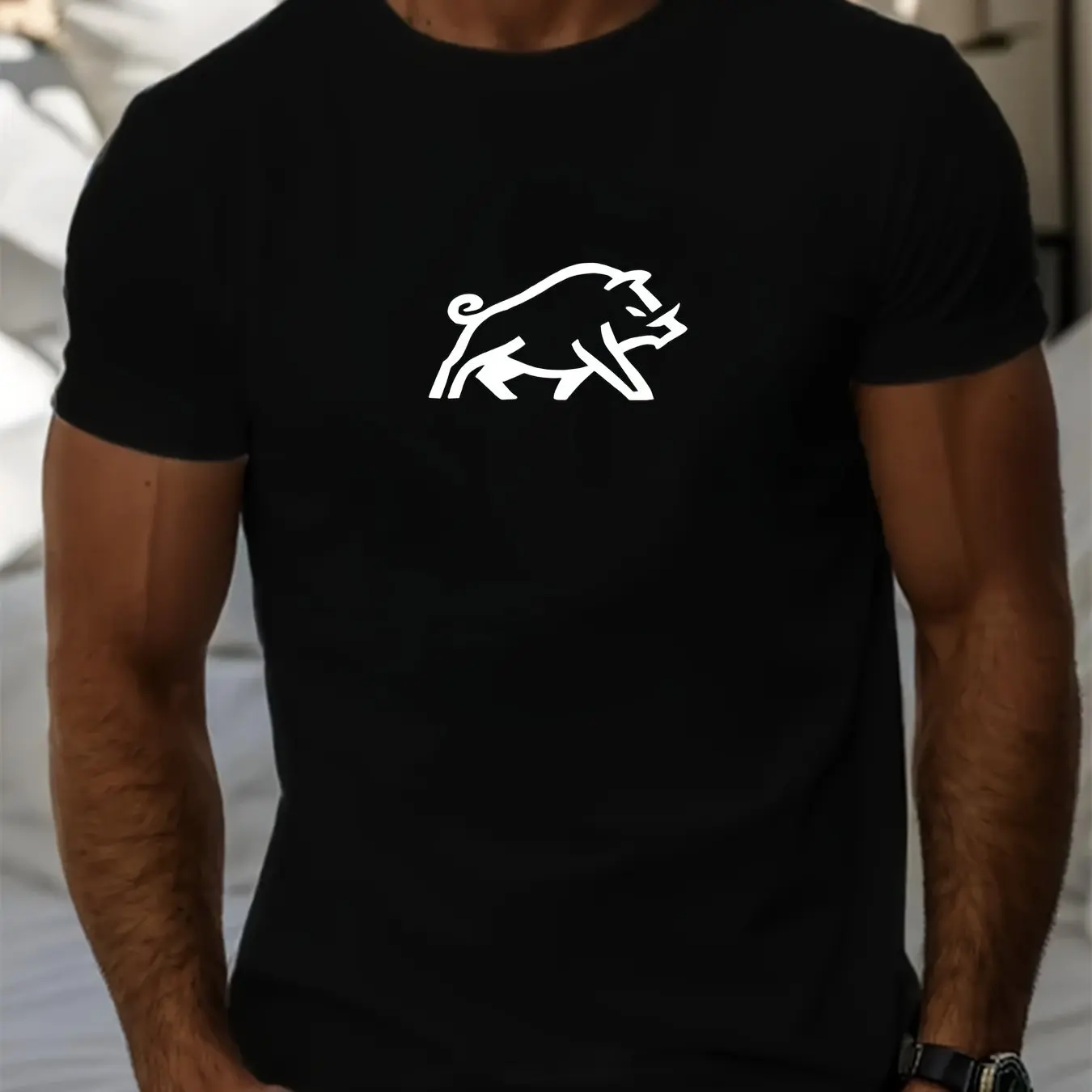 Men's Summer Casual T-Shirt with Boar Print Breathable Crew Neck Short Sleeve Men Clothing Comfortable