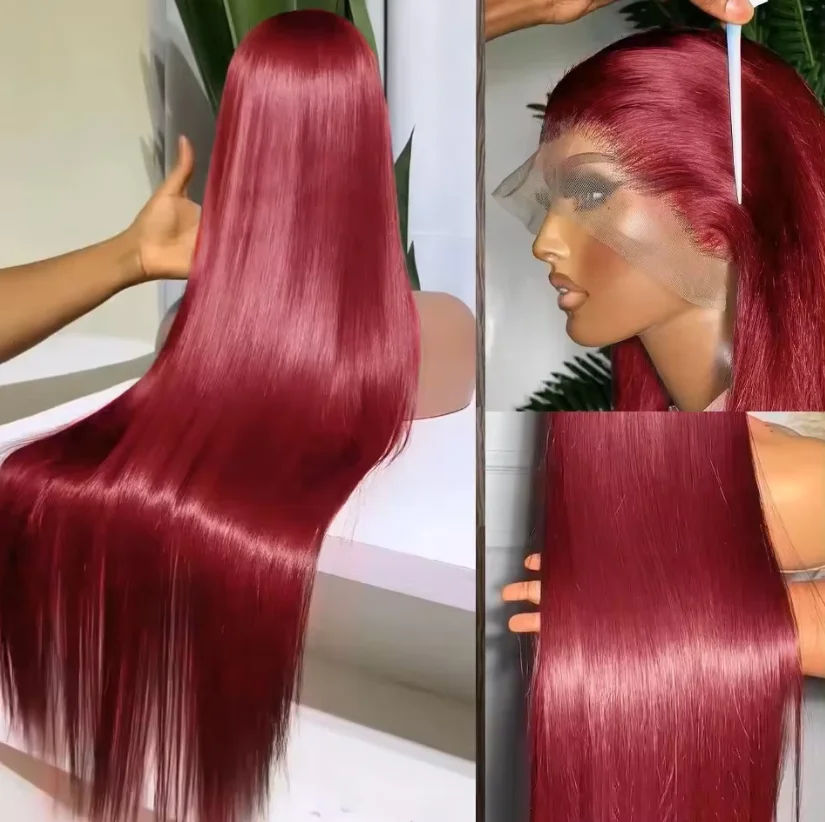 99J Burgundy Silky Straight Human Hair Lace Front Wig 46 Inch 13x6 Lace Frontal Wig 200 Density Pre Plucked Natural Hairline With Baby Hair Wigs For Women