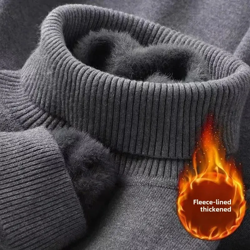 سترة تريكو مبطنة بالصوف بياقة عالية للرجال ملابس داخلية سميكة ودافئة بلون سادة وقصة ضيقة للخريف والشتاء مخمل متكامل