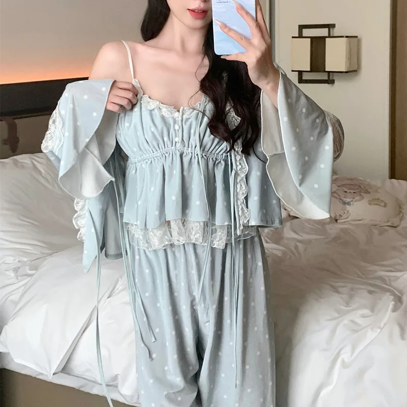 Blue Print Suspender Sleepwear Women's Autumn and Winter Gold Velvet Sleepwear Three Piece Set Lace Sexy Home Suit Set