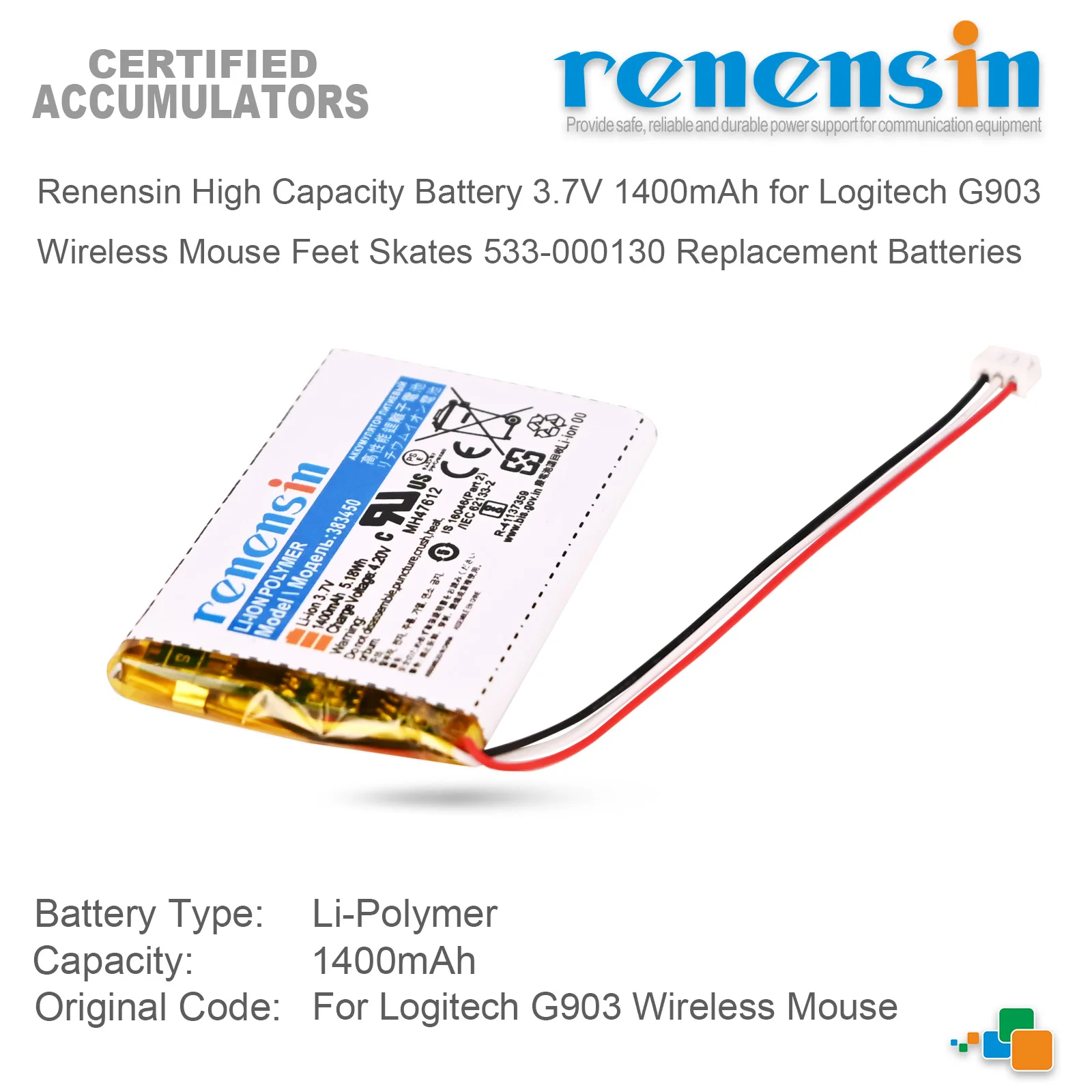 Renensin High Capacity Battery 3.7V 1400mAh for Logitech G903 Wireless Mouse Feet Skates 533-000130 383450 Replacement Batteries