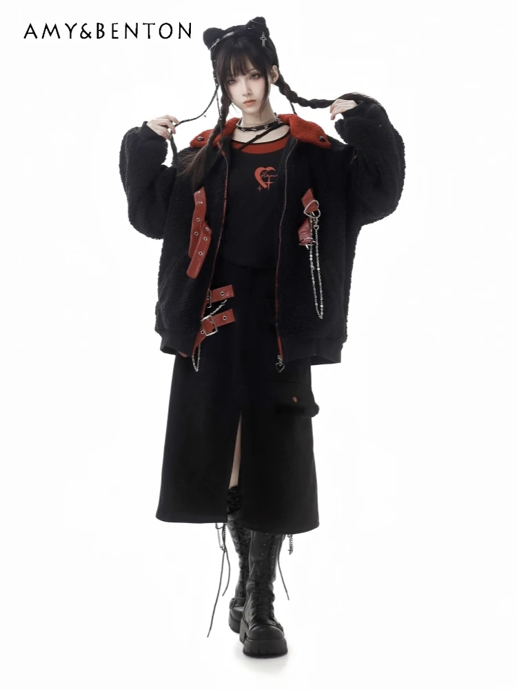 

Autumn Winter New Hot Sale Women's Turn-Down Collar Red Black Coat Round Neck Printed Inner Layer Mid-Length Slit Skirt