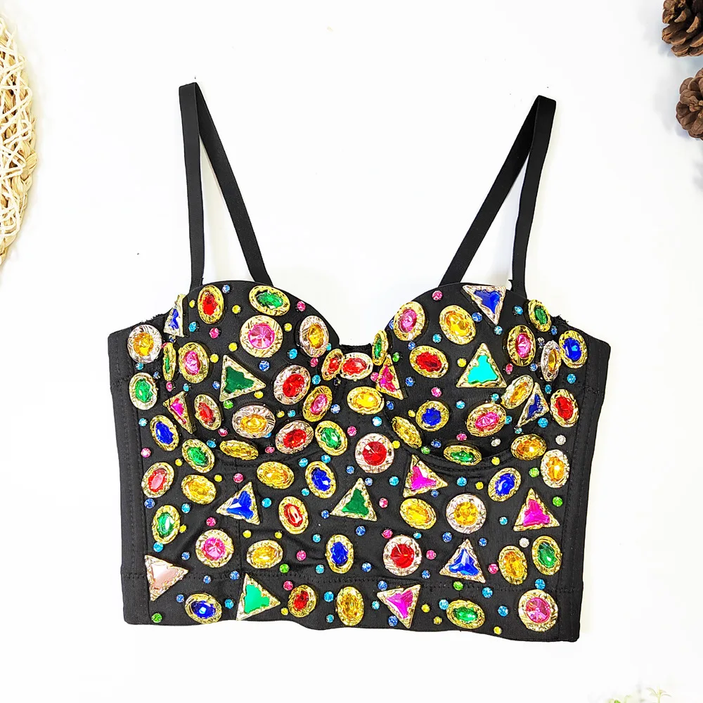 

European and American Retro Colorful Crystals Beaded Fishbone Bra Outer Wear Big Chest Show Small Tube Top