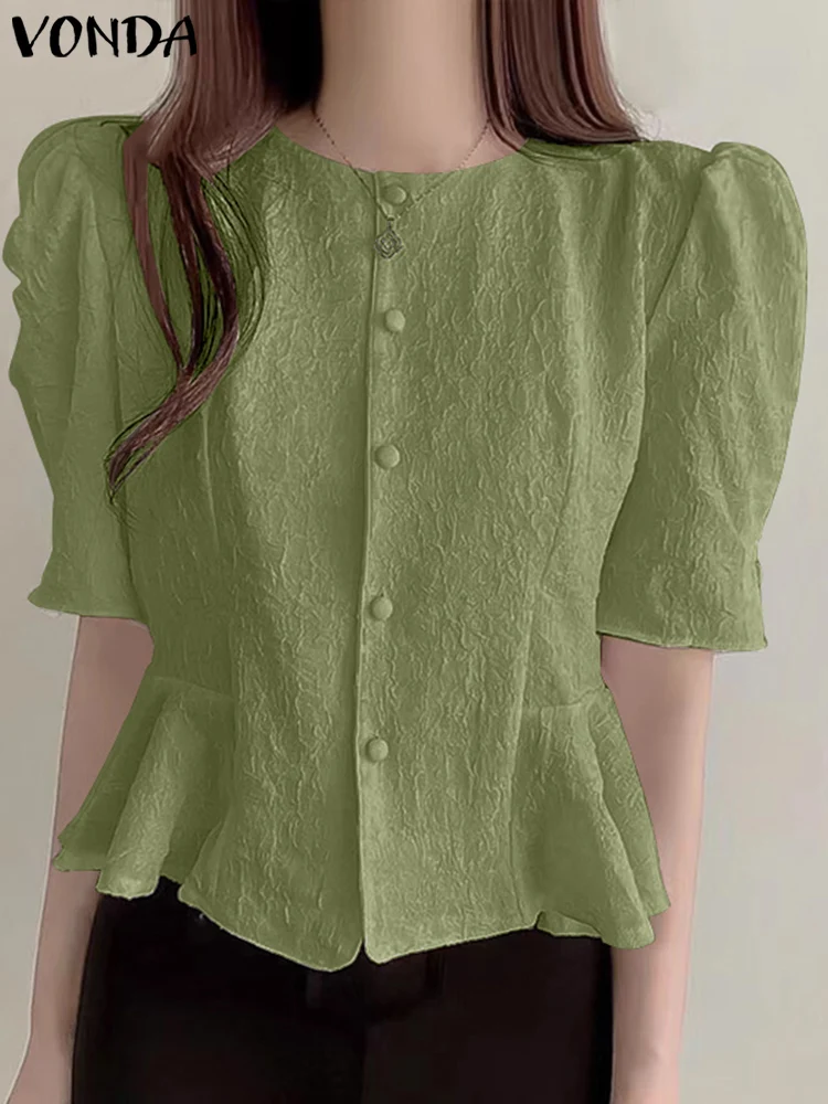 Women Elegant Shirts 2023 VONDA Summer Ruffled Tops Casual Loose Short Puff Sleeve Buttons Blouse Solid Color Blusas Femininas