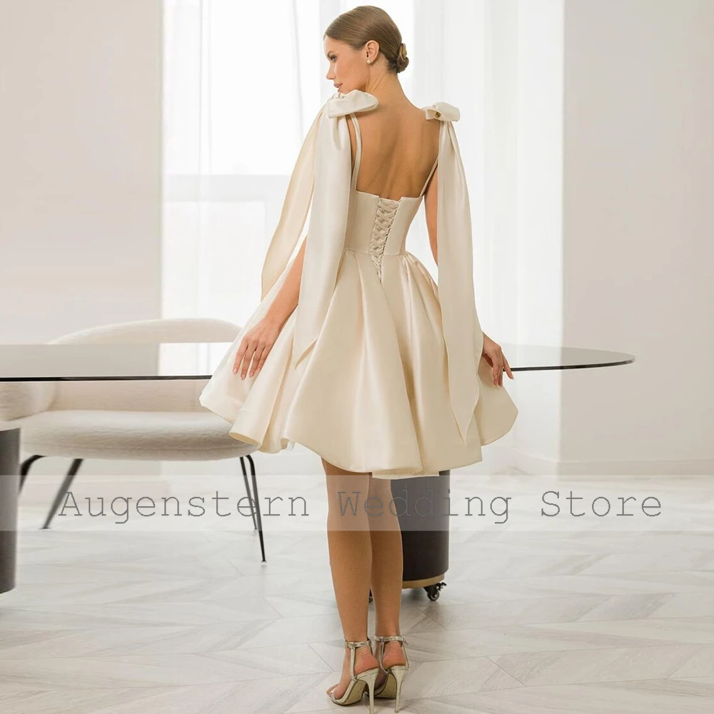A-line Women's Wedding Dresses Mini Exquisite Lvory Satin Bow Ruched Wedding Party Spaghetti strap 2024 Boho Wedding Dresses