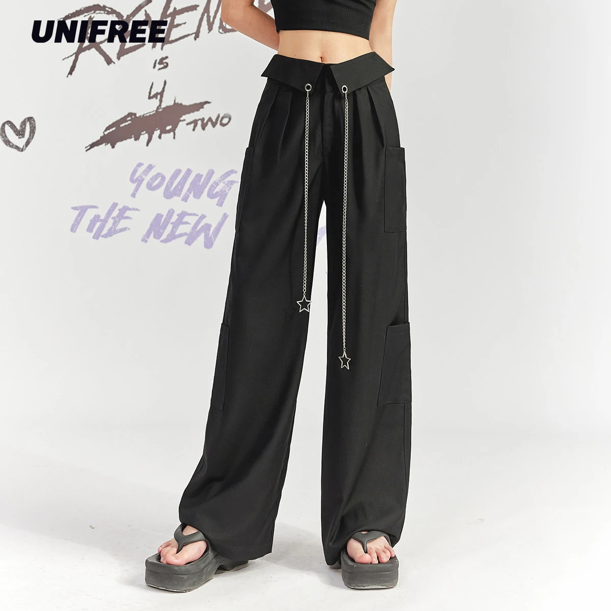 

UNIFREE Black Fashion Temperament Solid Color Pants Women Star Chain High Waist Casual Straight Loose Dragging Wide Leg Pants