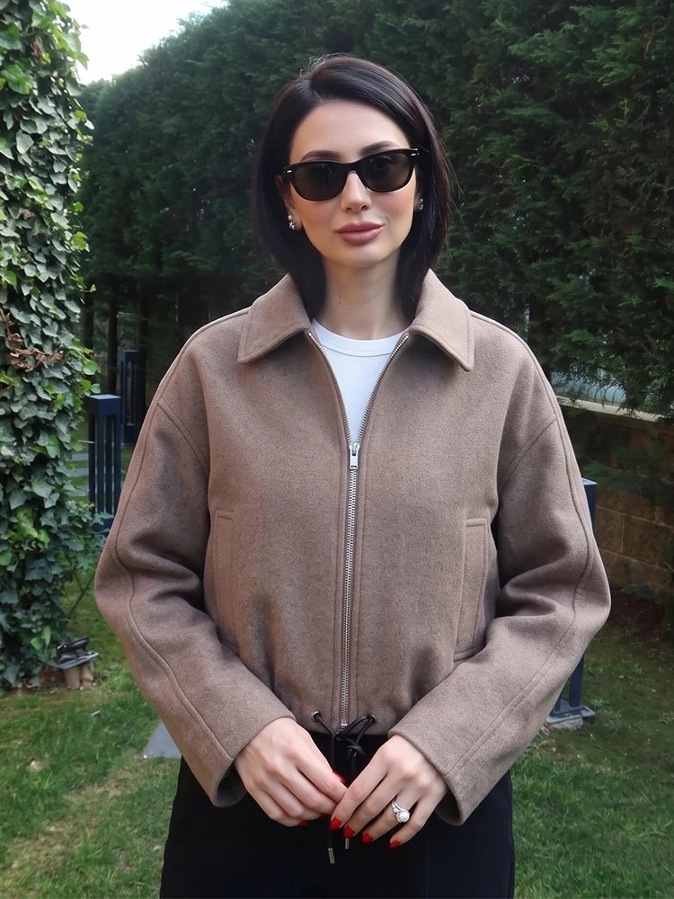 HH Women Spring Autumn Oatmeal Cropped Jacket Lapel Collar Zip Up Drawstring Hem Long Sleeve For Holiday Vacation Outdoor Wear