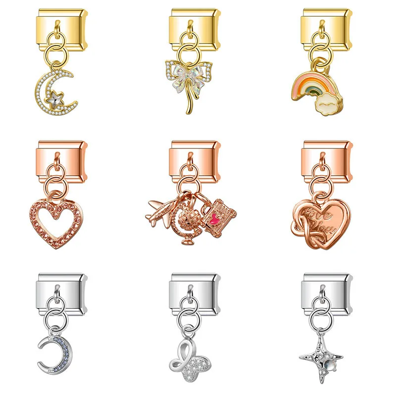 

Italian Module Hot Selling Fashion Feather Heart Butterfly Charm Italian Links 9mm Stainless Steel Bracelet for Women Jewelry