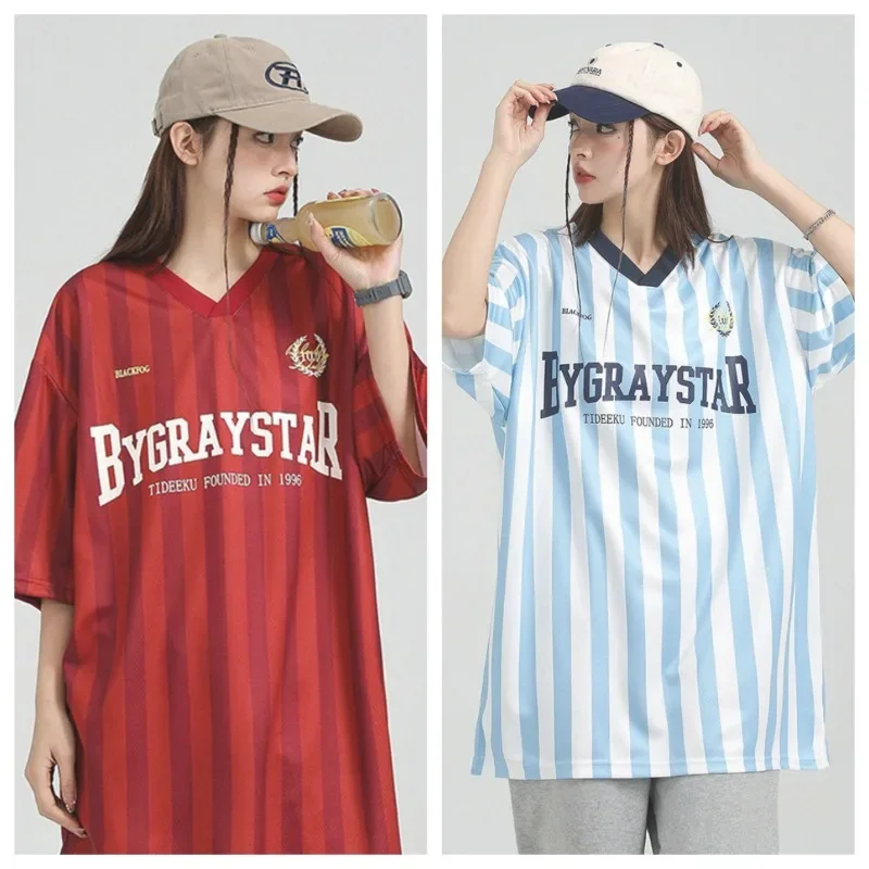 

2025 Men's and Women's Fashion Loose and Comfortable Football Striped V-neck T-shirt Trendy Retro Football Jersey Black Red Navy
