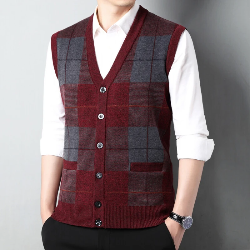 2024 New Men's Classic Business Knitted Cardigan Vest Pullover Men's V-neck Sleeveless Vest