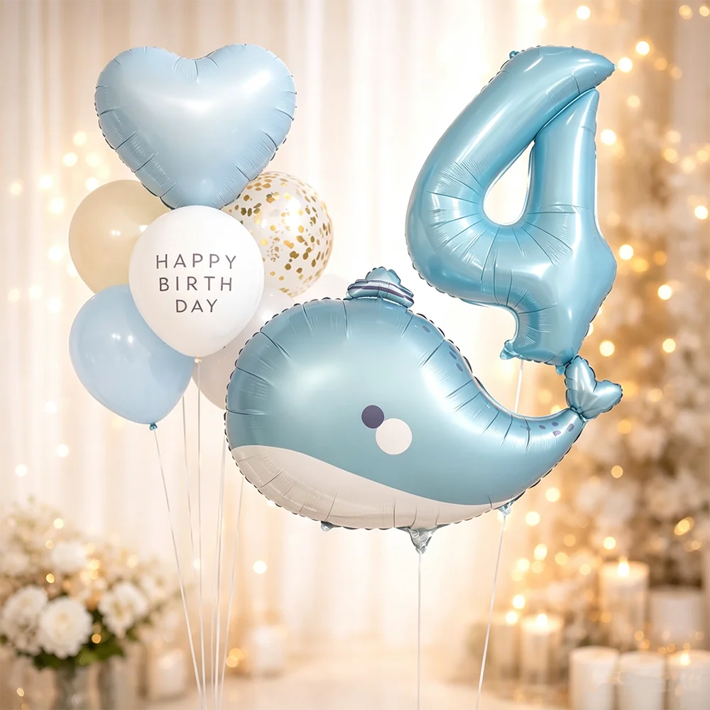 9-teiliges Set Cartoon-Wal-Tierballons, Happy Birthday Blaue Herzchen-Zahlenballons, Kindergeburtstags-Party-Deko, Foto-Requisiten