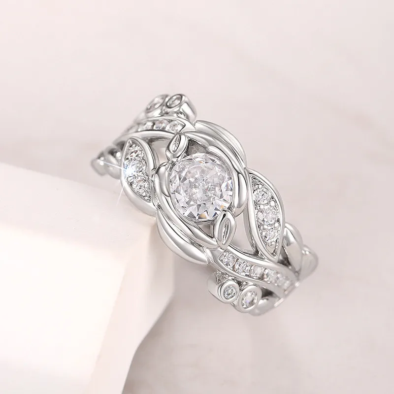 New Aesthetic Leaf Finger Ring Lady 925 Sterling Silver Round Zirconia Crystal Jewelry for Engagement Bridal Wedding Accessories