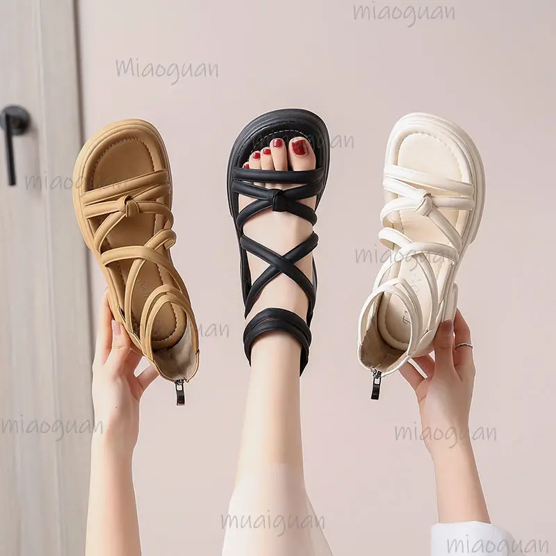 5CM Thick Heel Women Sandals Simple Roma Zip Hollow Open Toe Ladies Shoes Fashion Designer High Heels Roman Streetwear Footwears