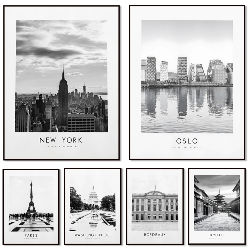 Oslo, Kyoto, Osaka, Ho Chi Minh City, Bangkok, Stockholm, Bordeaux, Marrakech black and white city travel poster printing