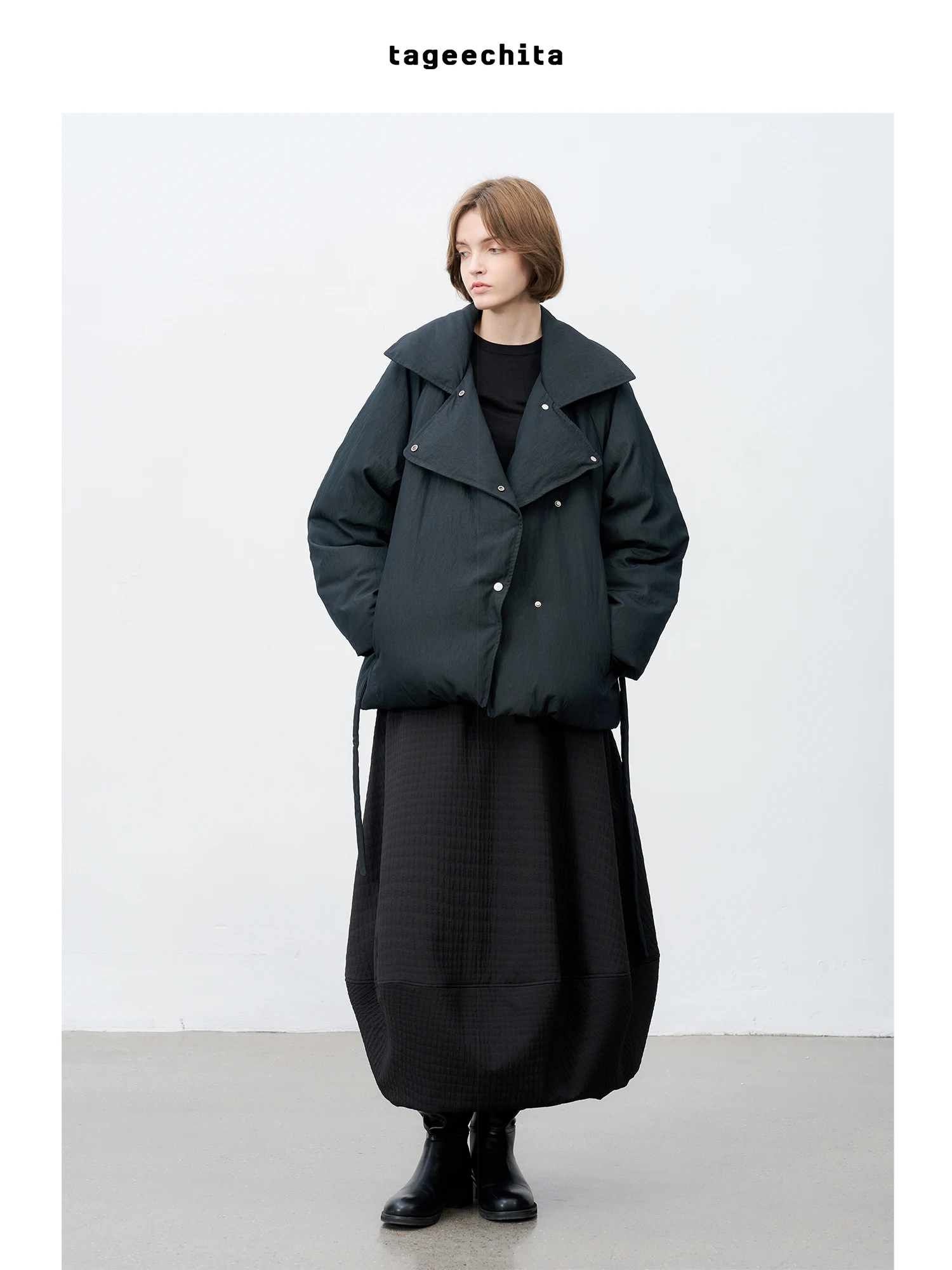 

TAGEECHITA 90 Du down ort Puffer Jaet Loose Fit with Belt Notch Collar Windproof Outerwear Simple Commute Sle