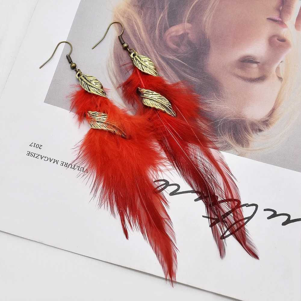 6-color Bohemian Long Feather Earrings Women Fashion Elegant Retro Leaf Feather Hangling Earrings Vacation Accessories