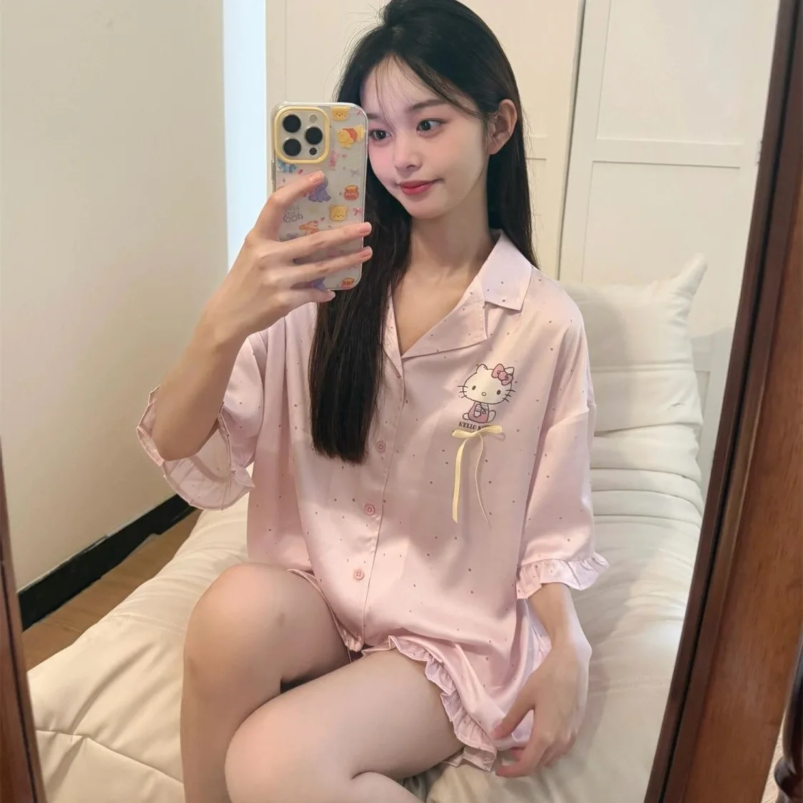 Hello Kitty Sleepwear Set Women Summer Short Sleeve Shorts Home Outfit Comfortable