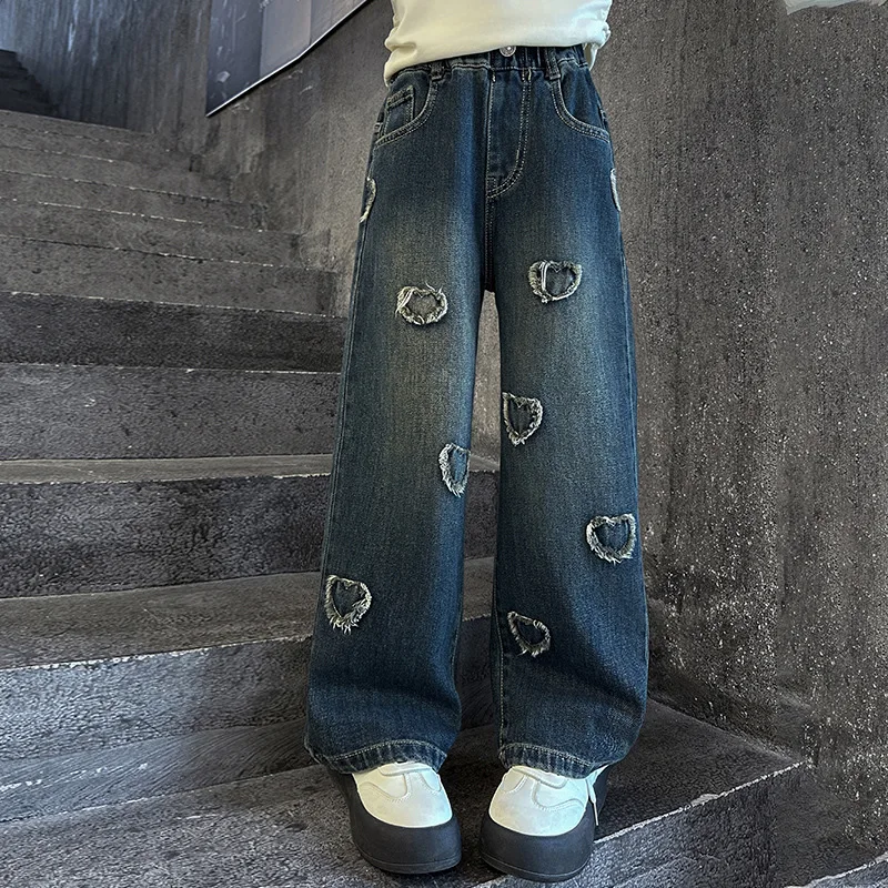 Teenagers Girls Jeans Spring and Autumn Children Loose Straight Leg Wide Pants Children Vintage Love Embroidered Jeans 5-15Year